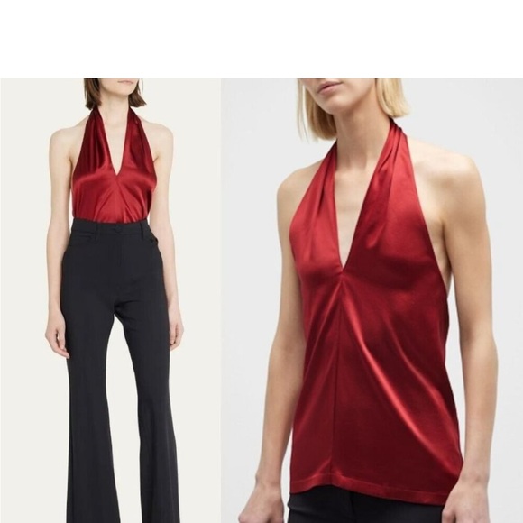 THEORY Ertil Silky Satin Halter Top Color: Red Dahlia size P= 0-2 NWT $225 - Picture 5 of 14